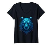 Womens Blue Geometric Bear Face Art Design V-Neck T-Shirt