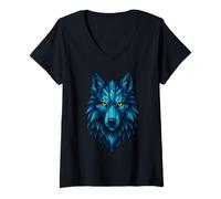 Womens Blue Geometric Wolf Head Design V-Neck T-Shirt