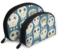 Womens Blue Grey Michael Miller Skull Travel Cosmetic Bags Waterproof 2PC Makeup Clutch Pouch Cosmetic and Toiletries Organizer Bag Portable Travel Toiletry Pouch Girls