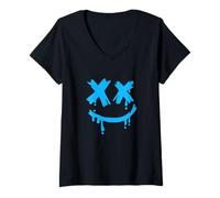 Womens Blue Grunge Face Smile Blue Graphic V-Neck T-Shirt