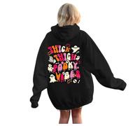 Women's Blue Halloween Fashion Casual Hoodie with Letters Front Back Printed Casual Loose Hoodie Corduroy Jacket Women's Lined, black, S