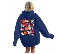 Women's Blue Halloween Fashion Casual Hoodie with Letters Front Back Printed Casual Loose Hoodie Corduroy Jacket Women's Lined, blue, XL