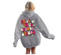 Women's Blue Halloween Fashion Casual Hoodie with Letters Front Back Printed Casual Loose Hoodie Corduroy Jacket Women's Lined, gray, S