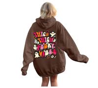 Women's Blue Halloween Fashion Casual Hoodie with Letters Front Back Printed Casual Loose Hoodie Corduroy Jacket Women's Lined, brown, L