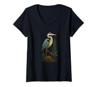 Womens Blue Heron Standing Wetland Birder V-Neck T-Shirt