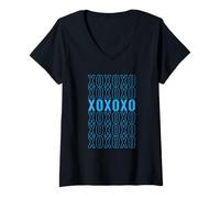 Womens Blue Hugs N Kisses Blue Graphic V-Neck T-Shirt