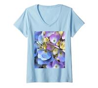 Womens Blue Hydrangea Shrub Artisitc Bossom V-Neck T-Shirt