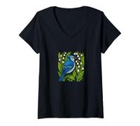 Womens Blue Jay and Lily of The Valley Birdwatching Nature Art V-Neck T-Shirt