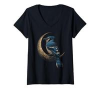 Women's Blue Jay Crescent Moon Celestial Bird Watching V-Neck T-Shirt