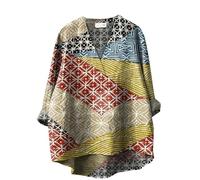 Women's Blue Line Print Japanese Traditional Geometric Pattern Printed Casual Cotton and Linen V Neck Shirt Plus Tees Leggings (Yellow-e, XL)