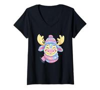 Women's Blue Moose Winter Portrait Lover Graphic Pink Scarf Adorable V-Neck T-Shirt