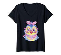 Women's Blue Penguin Portrait Animal Lover Graphic Pink Glasses V-Neck T-Shirt