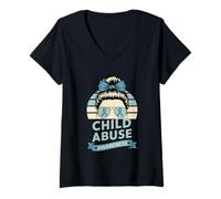 Women's Blue Ribbon Child Abuse Awareness Messy Bun V-Neck T-Shirt