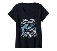 Womens Blue Shark Mako Whale Shark Types V-Neck T-Shirt