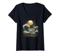 Womens Blue Wave Full Moon Mystical Boho Witch Zen Women Outdoors V-Neck T-Shirt
