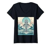 Womens Blue Whale Rises Beneath a Swirling Sun and Patterned Waves V-Neck T-Shirt