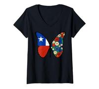 Women's Blue White Star Red Stripe Butterfly Floral Design V-Neck T-Shirt