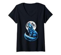 Womens Blue Wolf Howling at The Moon Enchanting Scene V-Neck T-Shirt