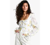 Womens Blurred Ditsy Floral Print Chiffon Balloon Milkmaid Top - White - 12, White