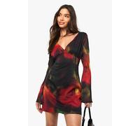 Womens Blurred Floral Chiffon Plunge Mini Dress - 8, Red