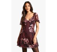Womens Blurred Floral Godet Mini Dress - Orange - 14, Orange