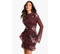 Womens Blurred Floral High Neck Godet Mini Dress - 18, Red