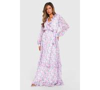 Womens Blurred Floral Print Ruffle Detail Maxi Dress - Purple - 18, Purple