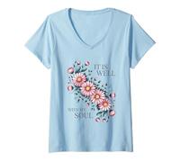 Women's Blush Floral Arrangement Serene Botanical Art V-Neck T-Shirt