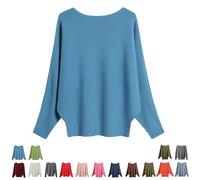 Women's Boat Neck Bat Sleeve Knitted Sweater, Lightweight One Size Dolman Sleeve Pullovers - for Women (Blue)