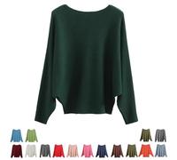 Women's Boat Neck Bat Sleeve Knitted Sweater, Lightweight One Size Dolman Sleeve Pullovers - for Women (Dark-Green)