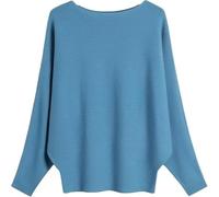 Women's Boat Neck Batwing Knitted Sweater - Oversized Loose Ribbed Pullover Solid Top Slouchy Knitwear for Office Casual Commuting Autumn Winter Wear One Size (Blue,One Size)