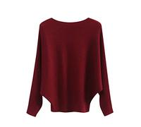 Womens Boat Neck Batwing Sleeve Jumper Autumn Winter Loose Fit One Word Collar Knitted Sweaters Lightweight Casual Comfort Solid Ladies Pullover Tops One Size Wine