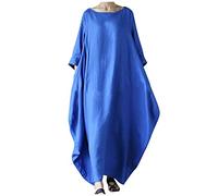 Women's Boat Neck Cotton Linen Dress Casual Short Sleeve Long Dresses Summer Beach Kaftan Dress Loose Fit Flowy Maxi Italian Dress for Beach Holiday