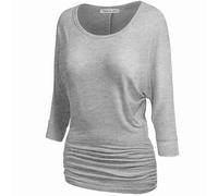 Women's Boat Neck/V-Neck 3/4 Sleeve Draped Dolman Top with Side Shirring Premium Shirt, Hgrey_2303, M