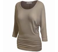 Women's Boat Neck/V-Neck 3/4 Sleeve Draped Dolman Top with Side Shirring Premium Shirt, Khaki_2303, S