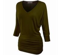 Women's Boat Neck/V-Neck 3/4 Sleeve Draped Dolman Top with Side Shirring Premium Shirt, Olive_2304, XXL