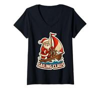 Womens Boat Sailing Claus Sailor Santa Merry Christmas Skipper Xmas V-Neck T-Shirt