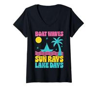 Women's Boat Waves Sun Rays Lake Days Retro Summer V-Neck T-Shirt