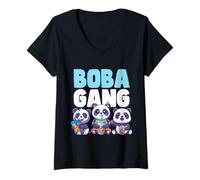 Womens Boba Gang Kawaii Panda Cute Design Bubble Tea V-Neck T-Shirt