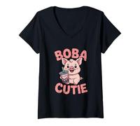 Womens Boba Pig Cutie with Retro Vibes V-Neck T-Shirt