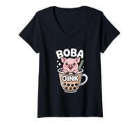 Womens Boba Pig: Kawaii Chubby Pig in Bubble Tea V-Neck T-Shirt