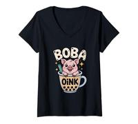 Womens Boba Pig: Kawaii Chubby Pig in Bubble Tea V-Neck T-Shirt