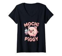 Womens Boba Pig: Kawaii Mochi Piggy with Bubble Tea V-Neck T-Shirt