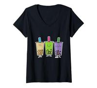 Womens Boba Tea Green Drink Milk Taro Tapioca Japan Matcha Pearl V-Neck T-Shirt