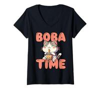 Womens Boba Time Cute Bubble Tea and Cat Graphic V-Neck T-Shirt