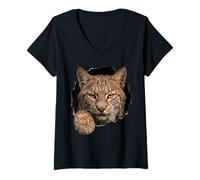 Women's Bobcat Breaking Through Torn Hole Wild Cat Graphic V-Neck T-Shirt