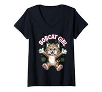 Womens Bobcat Girl Womens Cute Cartoon Wild Forest Cat Birthday V-Neck T-Shirt