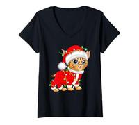 Womens Bobcat Lynx Christmas Lights Santa Costume Cute Animal Xmas V-Neck T-Shirt