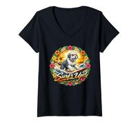Women's Bobtail Dog Surfing Beach Sunglasses Holiday Waves V-Neck T-Shirt