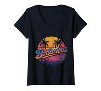 Womens Bodacious 80s Retro Aesthetic Synthwave Palm Trees Sunset V-Neck T-Shirt